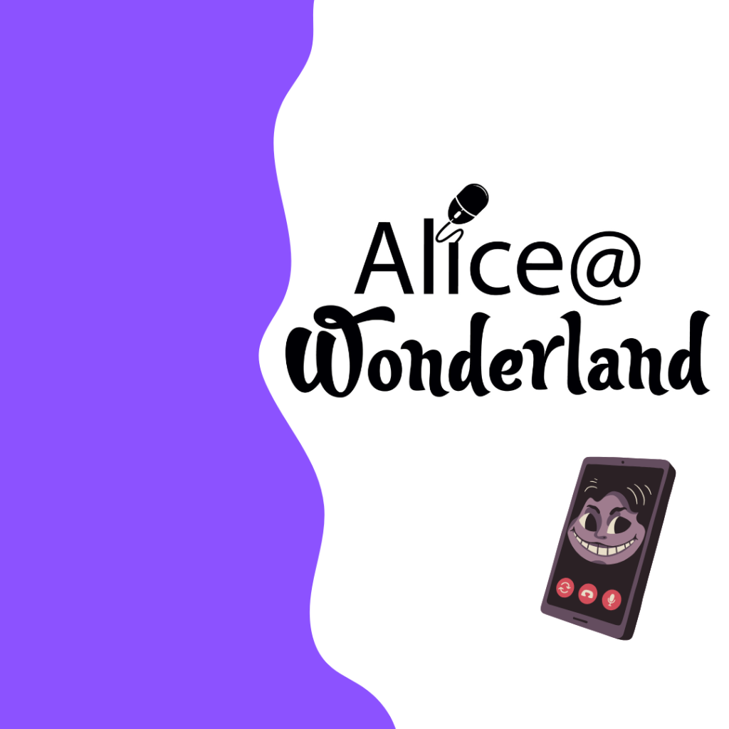 Alice @ Wonderland (illustration of a cell phone with a mischievous face on the screen, all on a purple and white background)