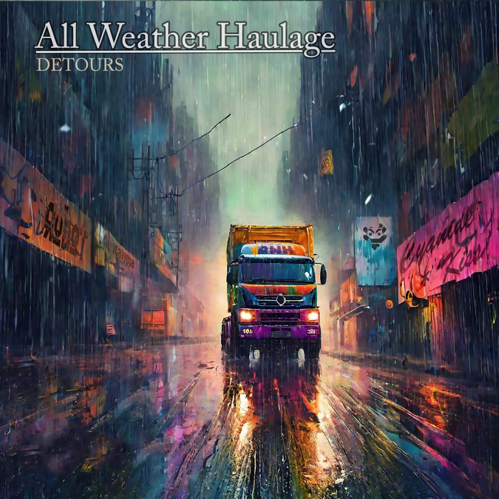 All Weather Haulage Detours (painting of a large truck on a road, in the rain)