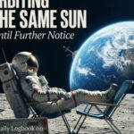 Orbiting The Same Sun Until Further Notice (an astronaut on the moon sitting in a lawn chair, feet up on another lawn chair, with the earth rising in the background)