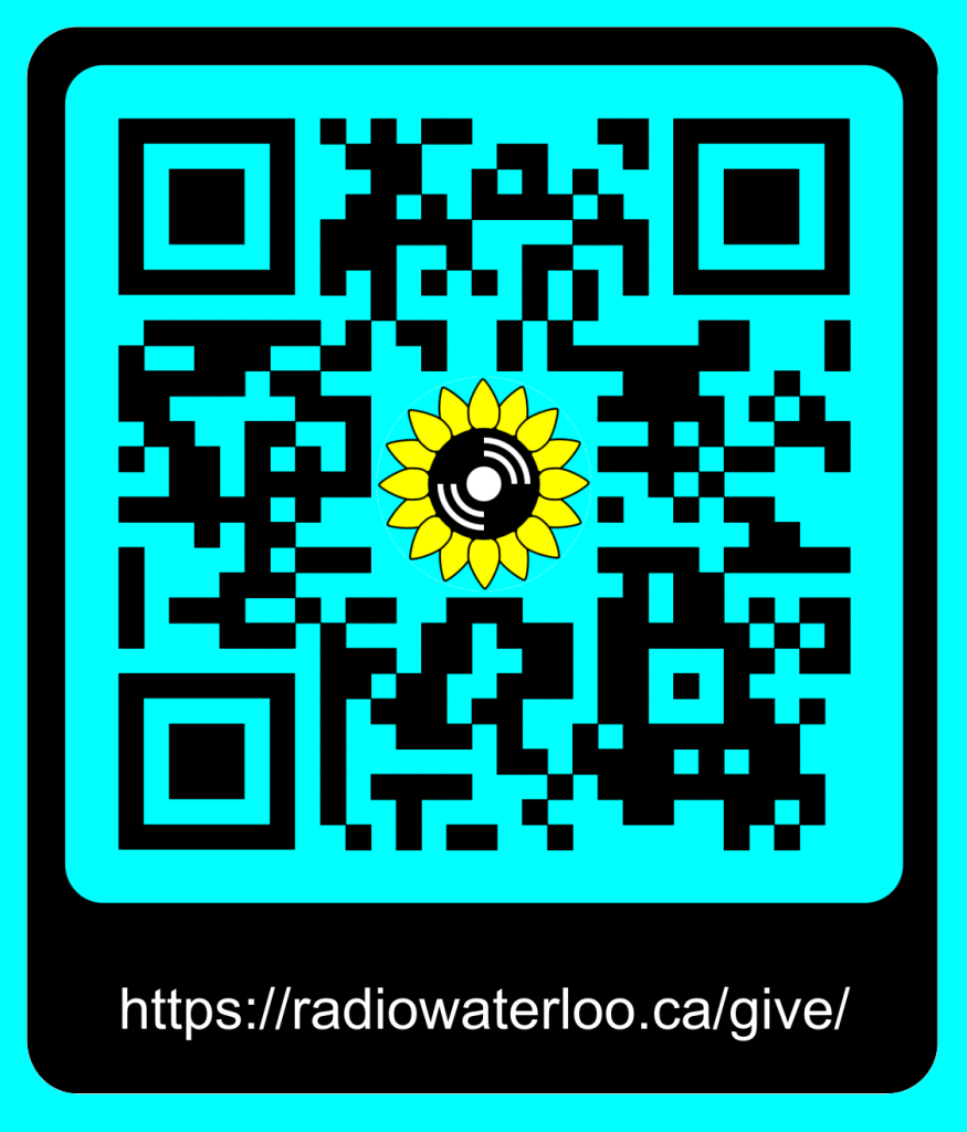 QR code, black dots on a teal background with the CKMS sunflower logo at the centre. At the bottom is a label https://radiowaterloo.ca/give/