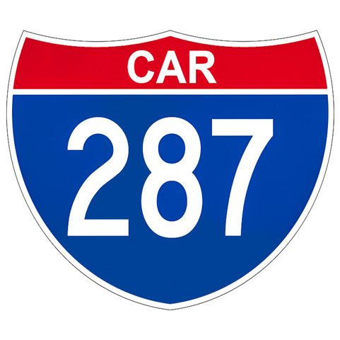 CAR 287 (a red and blue highway marker with white lettering)