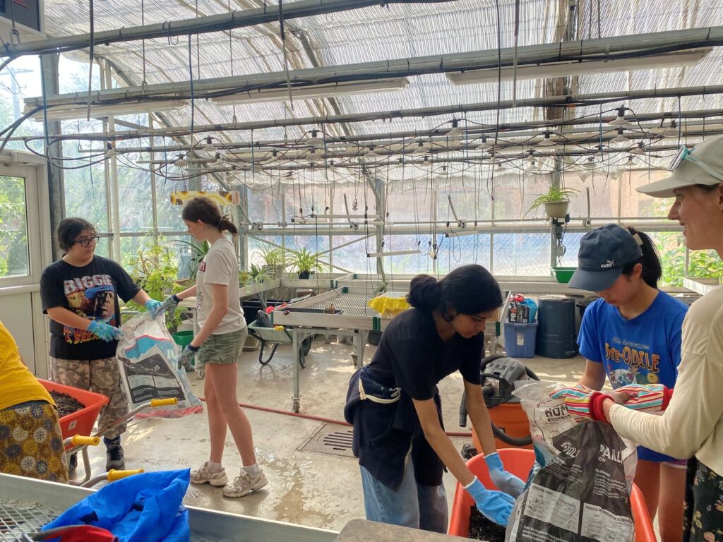 5 people are in a greenhouse working with garden m aterials. 4 are youth with one older looking person.
