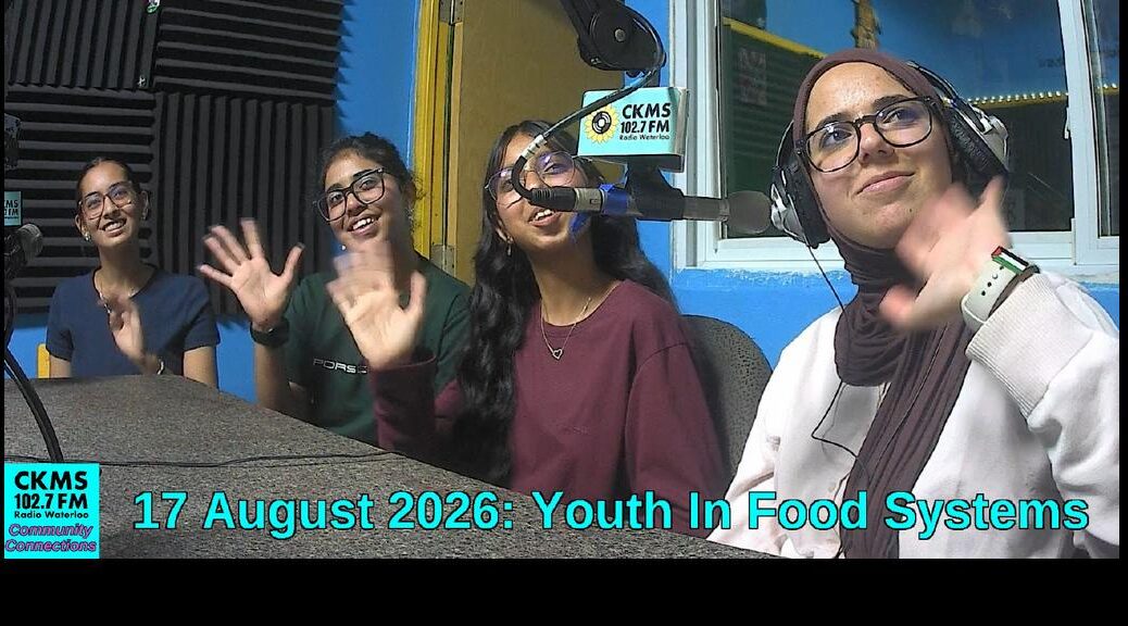 Four women at a table with a microphone, all waving towards the camera. At the bottom is text "17 August 2026: Youth In Food Systems"