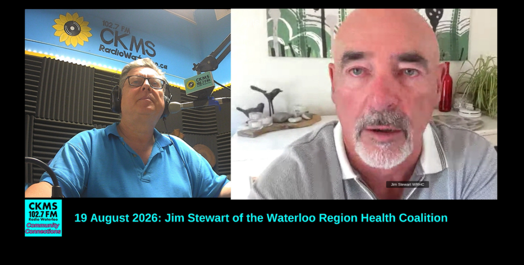 Side-by-side images: A man in a blue shirt at a microphone, and a man in a white shirt in an office.