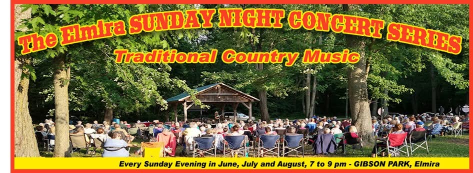 The Elmira SUNDAY NIGHT CONCERT SERIES | Traditional Country Music | Every Sunday Evening in June, July and August, 7 to 9 pm - GIBSON PARK, Elmira (photo of hundreds of people sitting in lawn chairs among the trees, listening to a band performing in a picnic shelter)