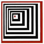 Offset concentric (?) squares, black and white, but the outermost and innermost are red.