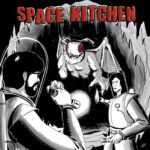 Space Kitchen (comic book illustration of two people in spacesuits at the entrance of a cave with a giant moth)