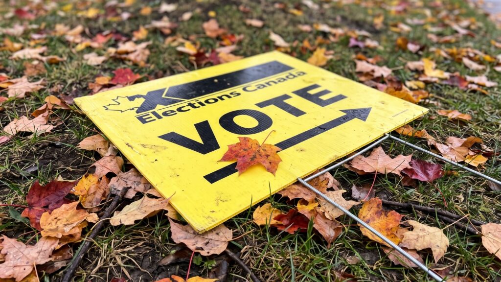 An Elections Canada yellow lawn sign with black text reading 'VOTE' and a directional arrow, lying flat on grass covered in colorful fallen autumn leaves, with a red maple leaf resting directly over the lettering.